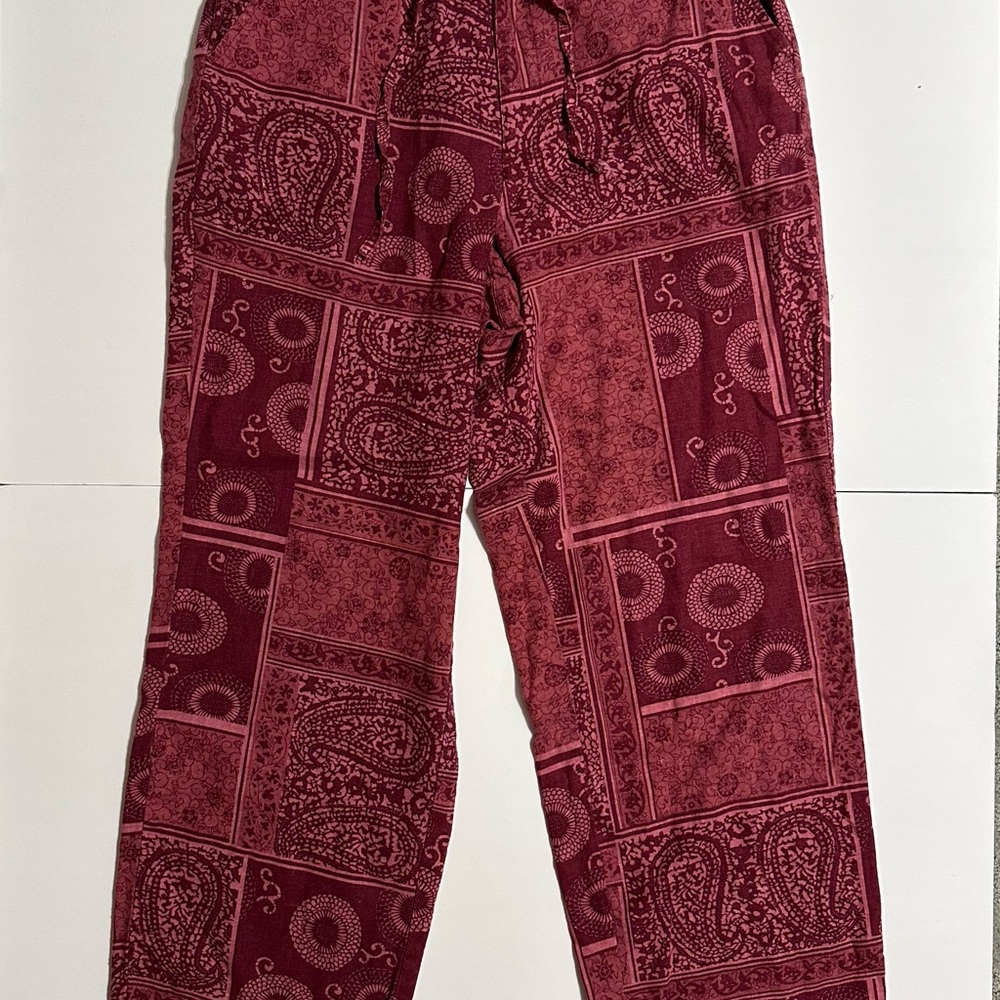 ERIKA Paisley Linen Rayon Drawstring Elastic Waist Straight Leg Pants Womens M